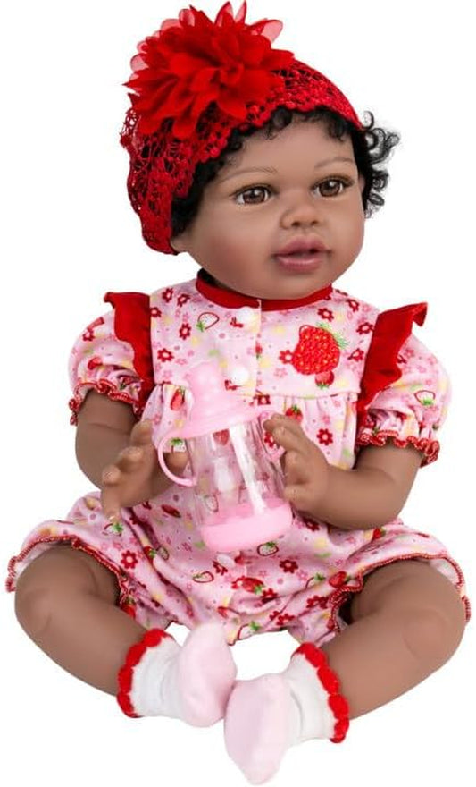 Reborn Baby Dolls Lifelike Black- 22 Inch Realistic Black American Newborn Baby Girls That Look Real Body Weighted Soft Body Real Life Toddler Doll Strawberry Gift Set for Ages 3+