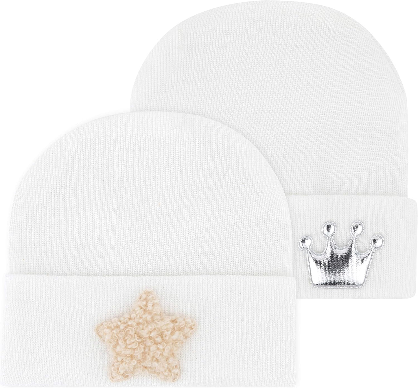 Newborn Hospital Hat 2-Pack Set for Baby — 100% Cotton Mesh Fabric for Lightweight, Breathable Comfort (White Silver Crown | White Beige Fuzzy Star)