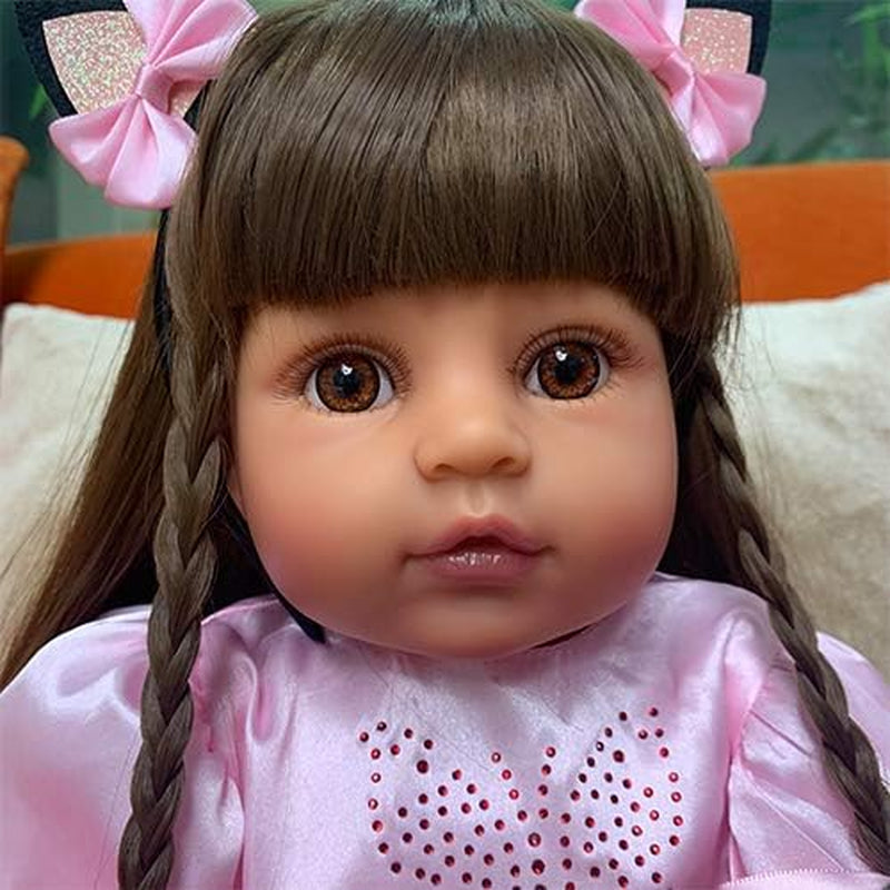 Lifelike Reborn Baby Doll Black Girl Doll Realistic Newborn Babies Full Body Vinyl Silicone 22 Inch Reborn Toddler Dolls with Pink Dress Anatomically Correct