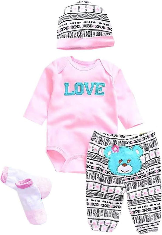 Reborn Dolls Baby Clothes Pink Cute for 18"- 22" Reborn Doll Girl Baby Doll Clothes Outfit Accessories Cute Bear Pattern 4Pcs Set