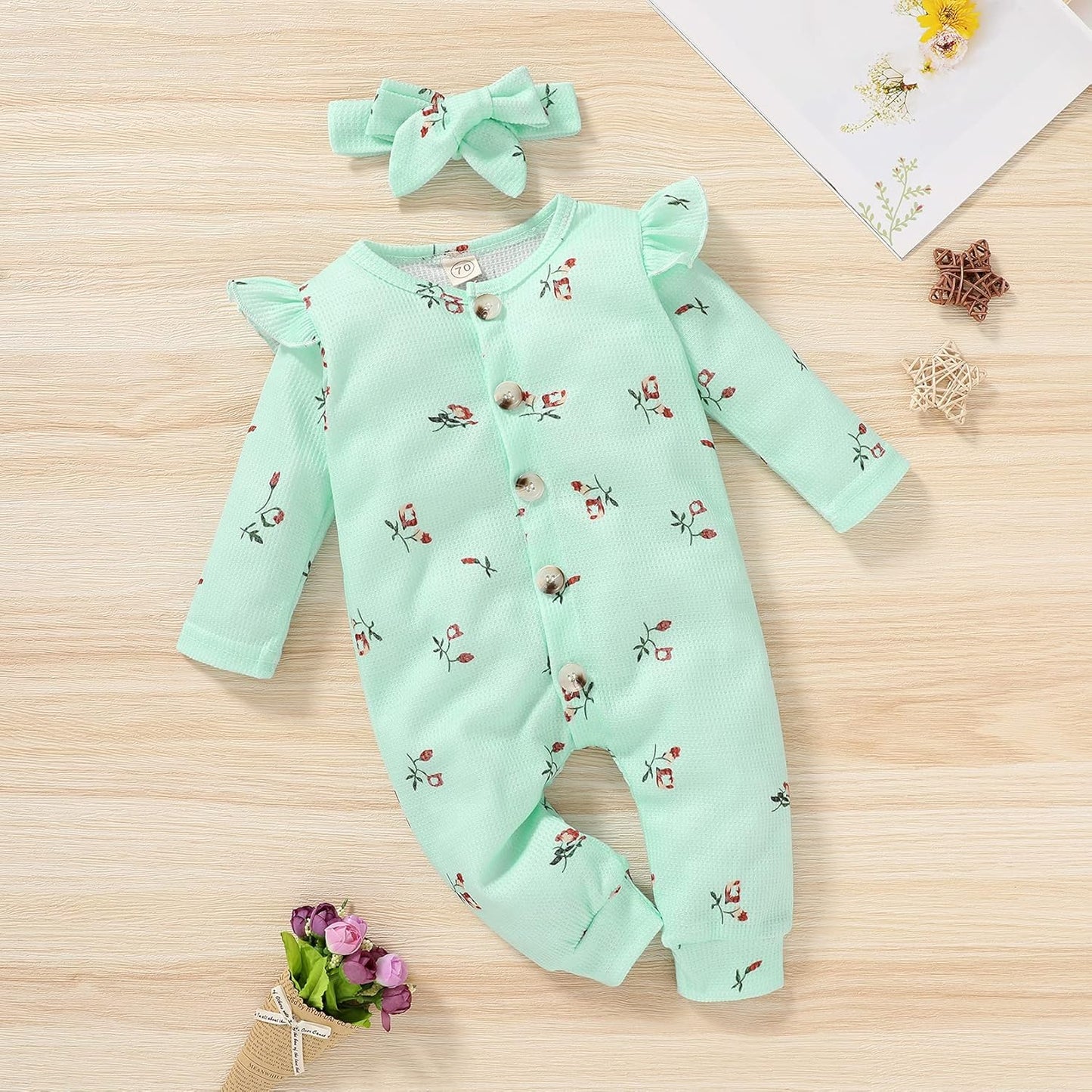 Baby Girl Romper Long Sleeve Jumpsuit Ruffle Bodysuit Newborn Girls Fall Clothes Toddler Floral Outfits with Headband