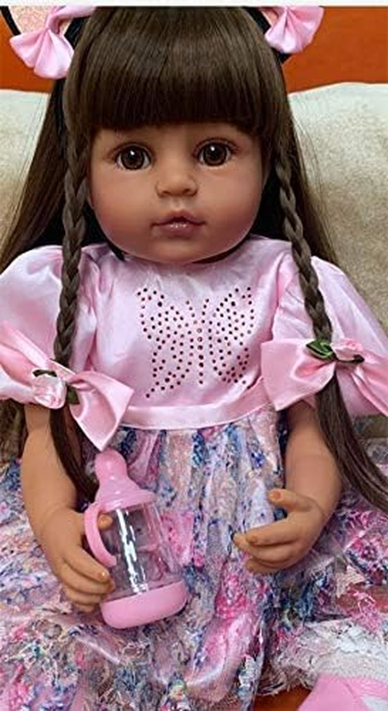 Lifelike Reborn Baby Doll Black Girl Doll Realistic Newborn Babies Full Body Vinyl Silicone 22 Inch Reborn Toddler Dolls with Pink Dress Anatomically Correct