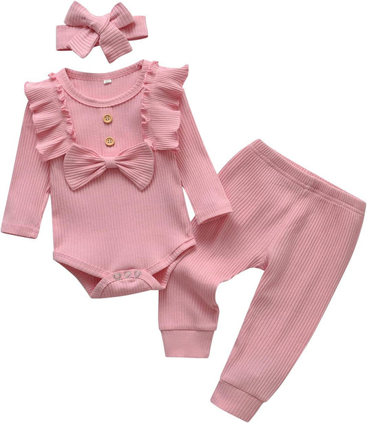 Newborn Infant Baby Girl Clothes Solid Color Ribbed Long Sleeve Romper Pants Headband Outfits Set