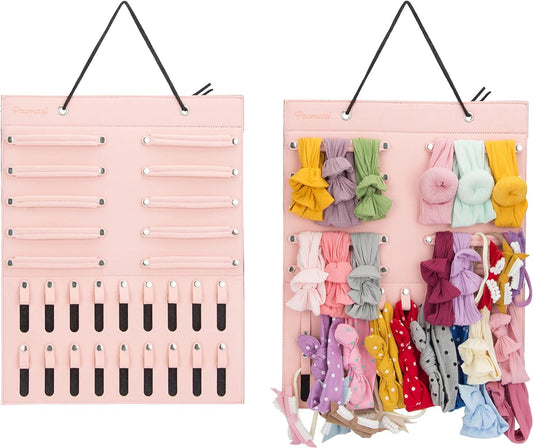 Hanging Baby Girl Headbands Storage Organizer, Newborn Headbands and Bows Holder(10 Snap Band+18 Snaps,Pink)