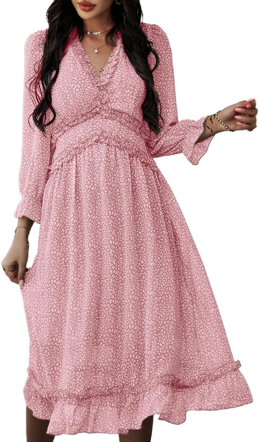 Simplee Women'S V Neck Ruffles Floral Printed Long Sleeve Dress High Elastic Waist Flowing Midi Dresses