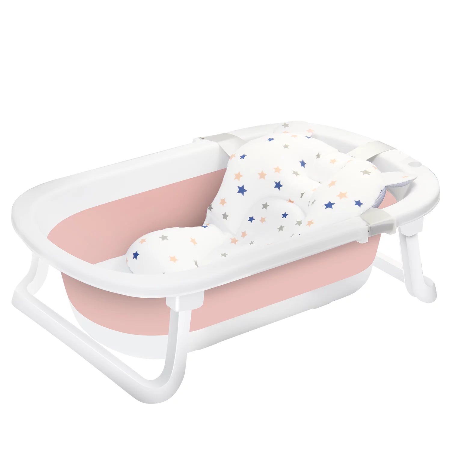 Newborn Baby Bath Tub with Drain Hole, Foldable Toddler Bathtub with Soft Cushion Pad, Portable Travel Bathtub Built in Anti-Slip Support for Newborn 0-36 Month Pink