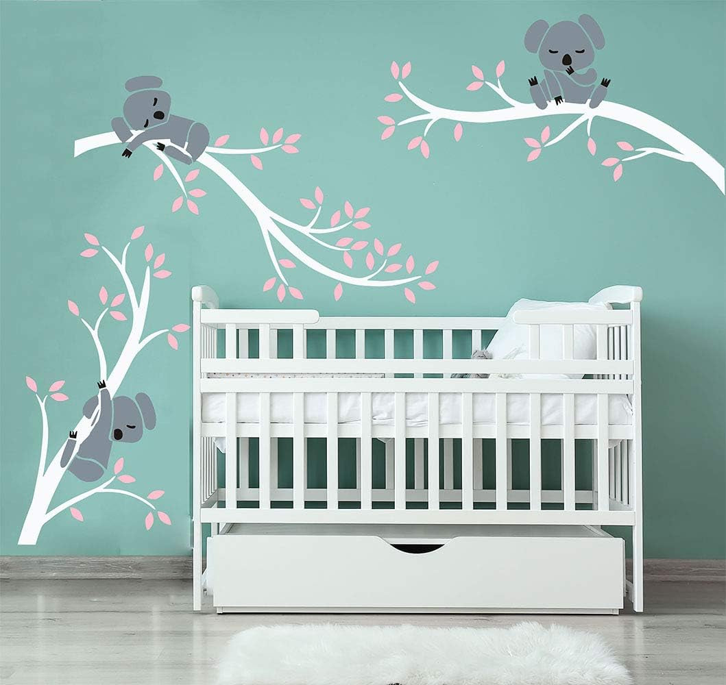 Three Koalas Tree Branches Wall Decal Wall Sticker Baby Nursery Decor Kids Room Decoration (White+Pink)