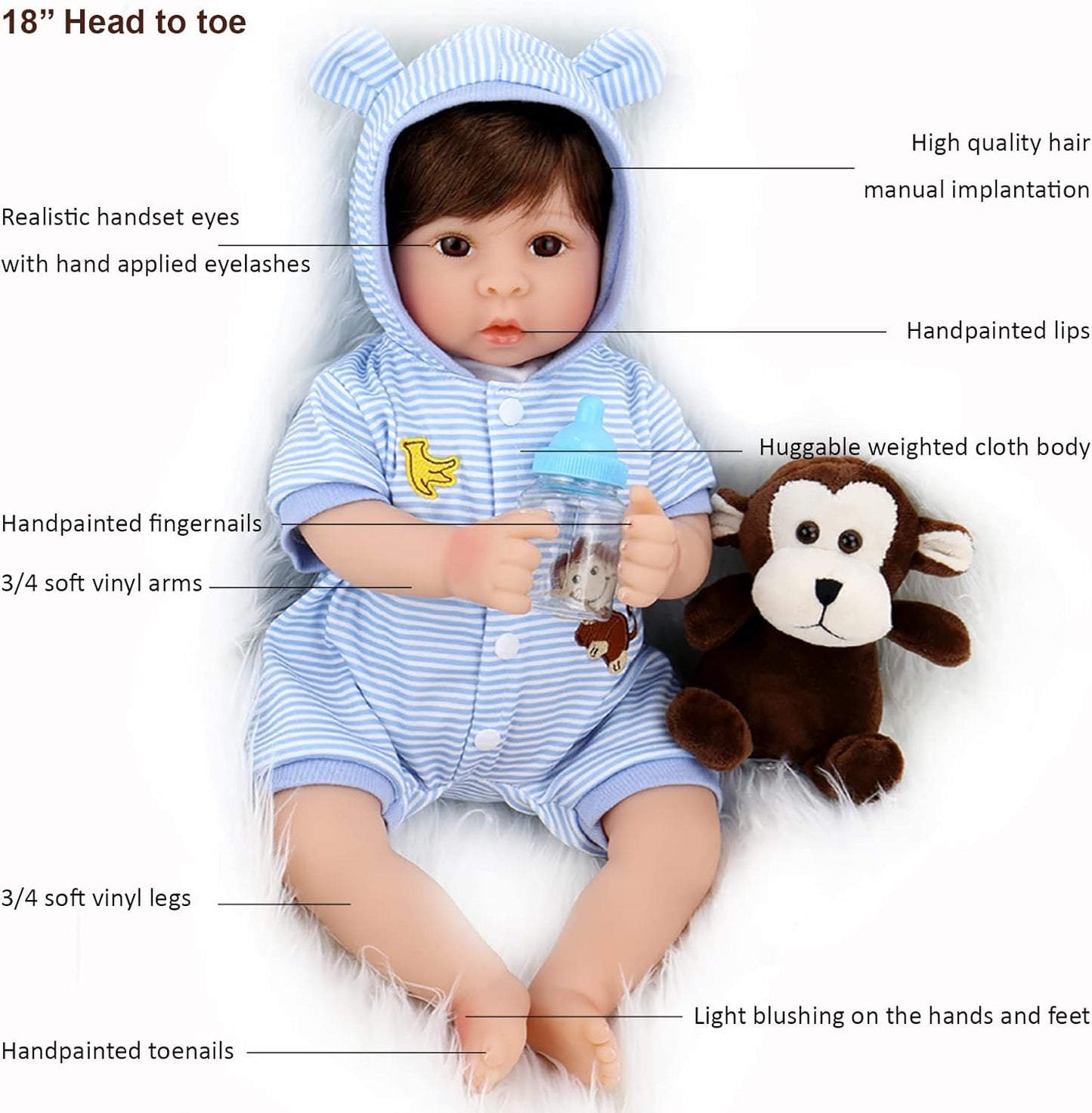 Lifelike Reborn Baby Dolls Blue Bassinet 18 Inch Realistic Newborn Boy Doll with Weighted Soft Body with 8 Piece Monkey Toy Carrier Bed Set