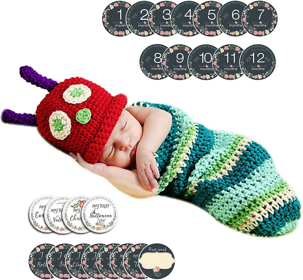 Newborn Photography Props Baby Girl Boy Photo Props for Infant Crochet Caterpillar Outfit Hand Crocheted Hat(0-10 Months) & Newborn Monthly Milestone Photo Cards Stickers (Set of 24)