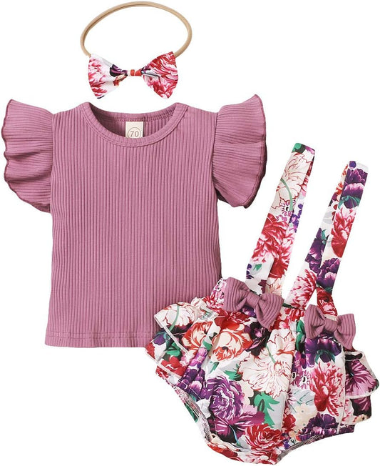 Newborn Baby Girl Summer Outfit Flutter Sleeve T-Shirt Tops+Suspenders Ruffle Butt Shorts with Headwear Floral Clothes (Purple 1, 12-18Months)