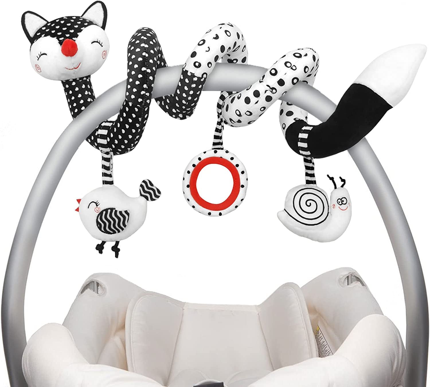 Euyecety Baby Spiral Plush Toys, Black White Stroller Toy Stretch & Spiral Activity Toy Car Seat Toys, Hanging Rattle Toys for Crib Mobile, Newborn Sensory Toy Best Gift for 0 3 6 9 12 Months Baby-Fox