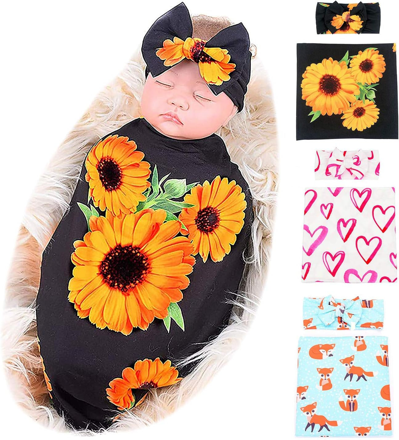 3-Pack Baby Girl Swaddle Blanket Headband Set Receiving Blanket Swaddle Wrap for Newborn Girls (3 Sets (Sunflower, Love Heart, Fox))