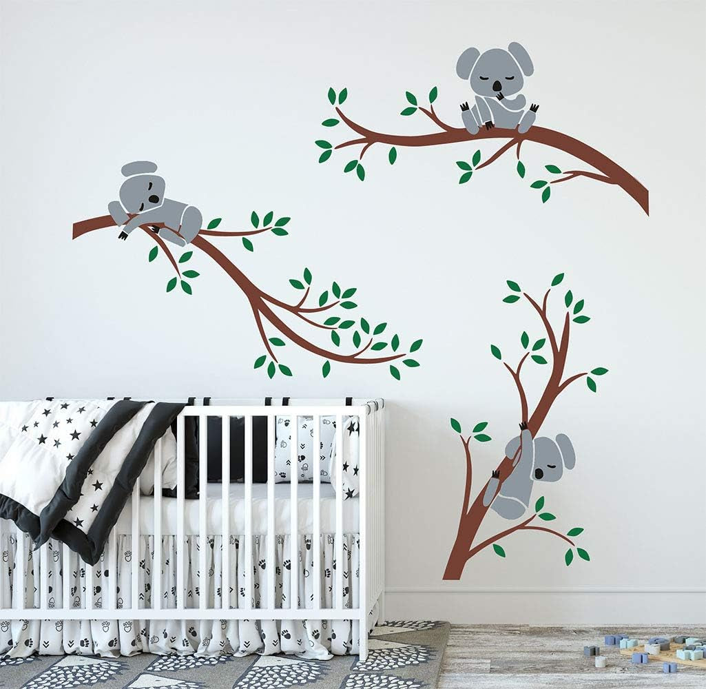 Three Koalas Tree Branches Wall Decal Wall Sticker Baby Nursery Decor Kids Room Decoration (Brown+Green)