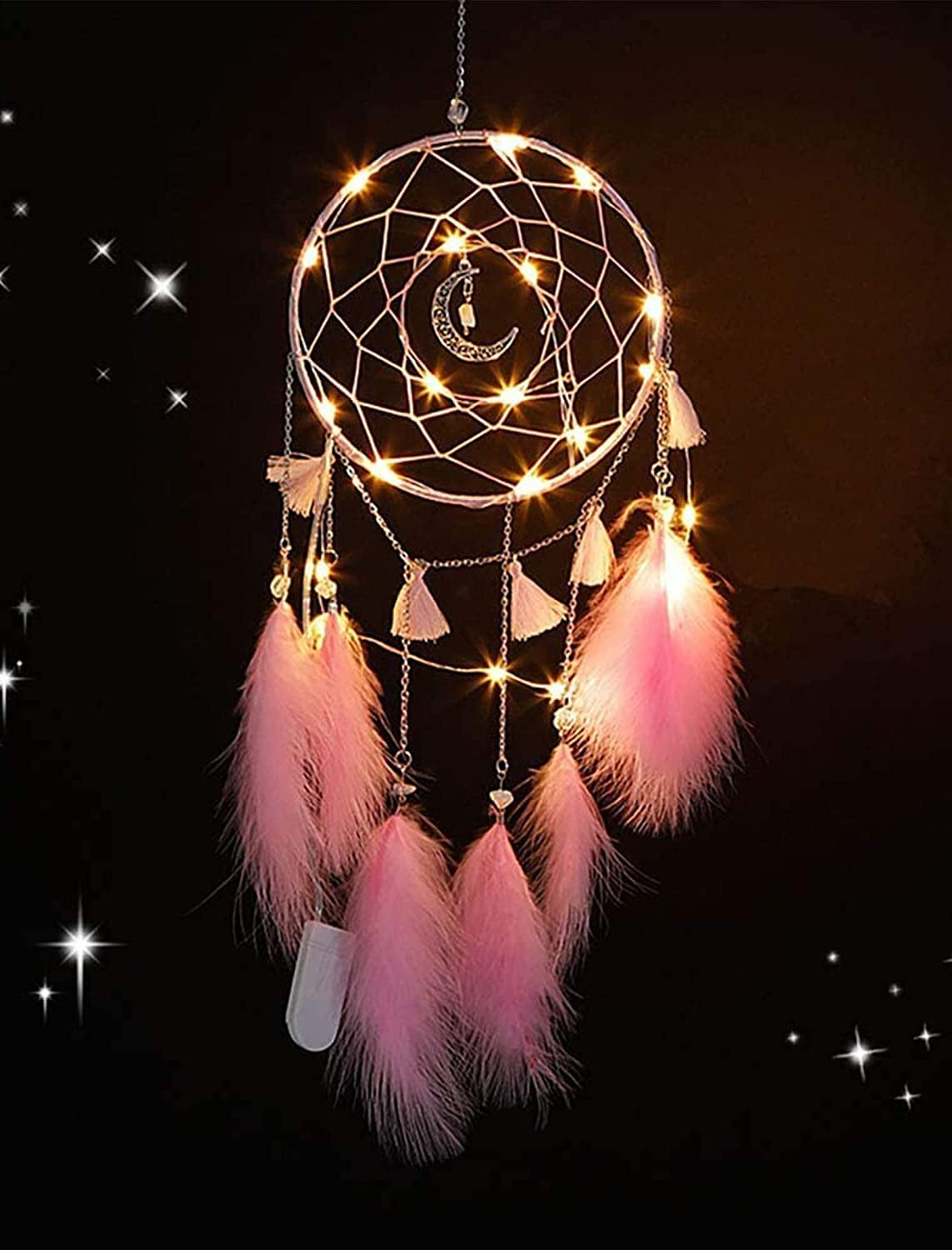 Pink Dream Catchers, Room Nursery Decor for Girls Boys, Handmade Feather Wall Decor with Lights, Home Ornaments Craft Gift for Bedroom