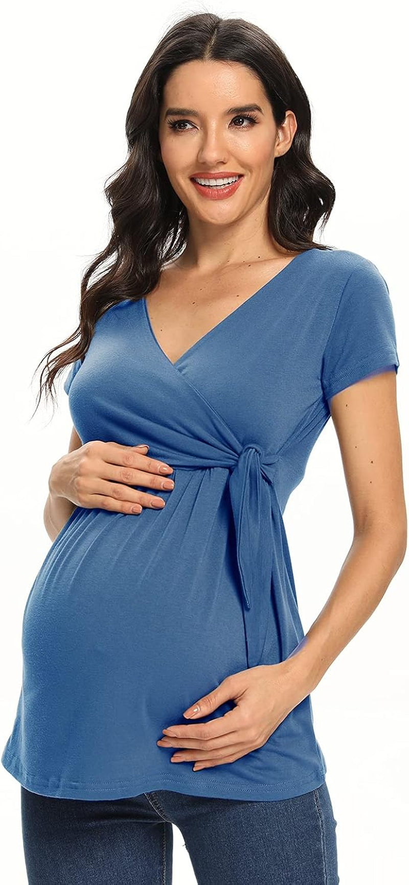 Women'S Maternity Shirts Short Sleeve V-Neck Comformation Cute Maternity Tops Summer Casual Dress Azure Blue