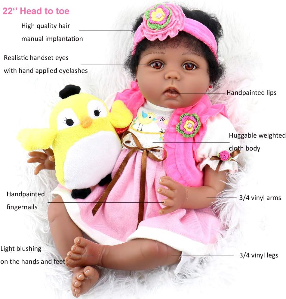 Reborn Baby Dolls Black 22 Inch Realistic Baby Girl Doll Weighted Newborn Baby Doll with Feeding Toy Accessories