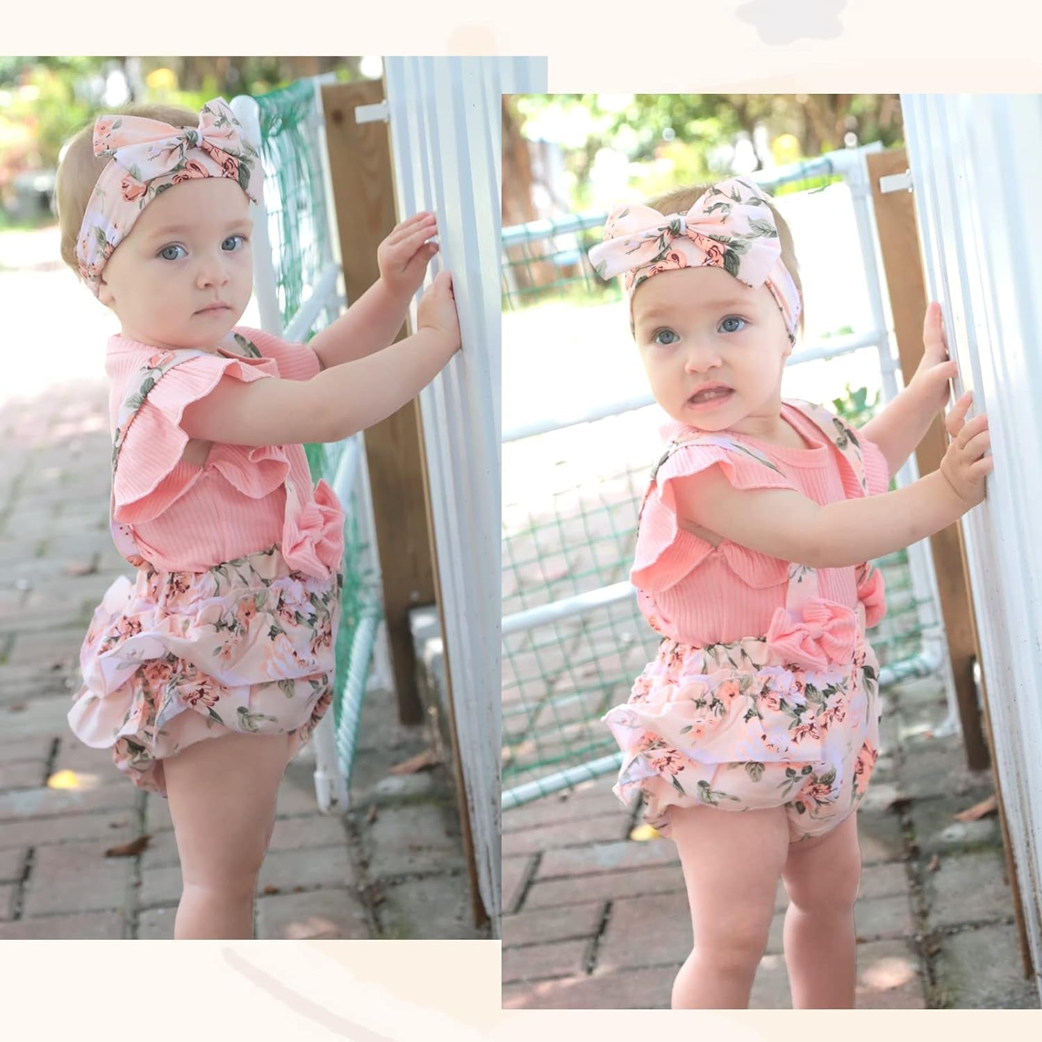 Newborn Baby Girl Clothes Infant Romper Floral Suspender Dress Ruffle Sleeve Onesie Outfit Jumpsuit Headband Spring Summer