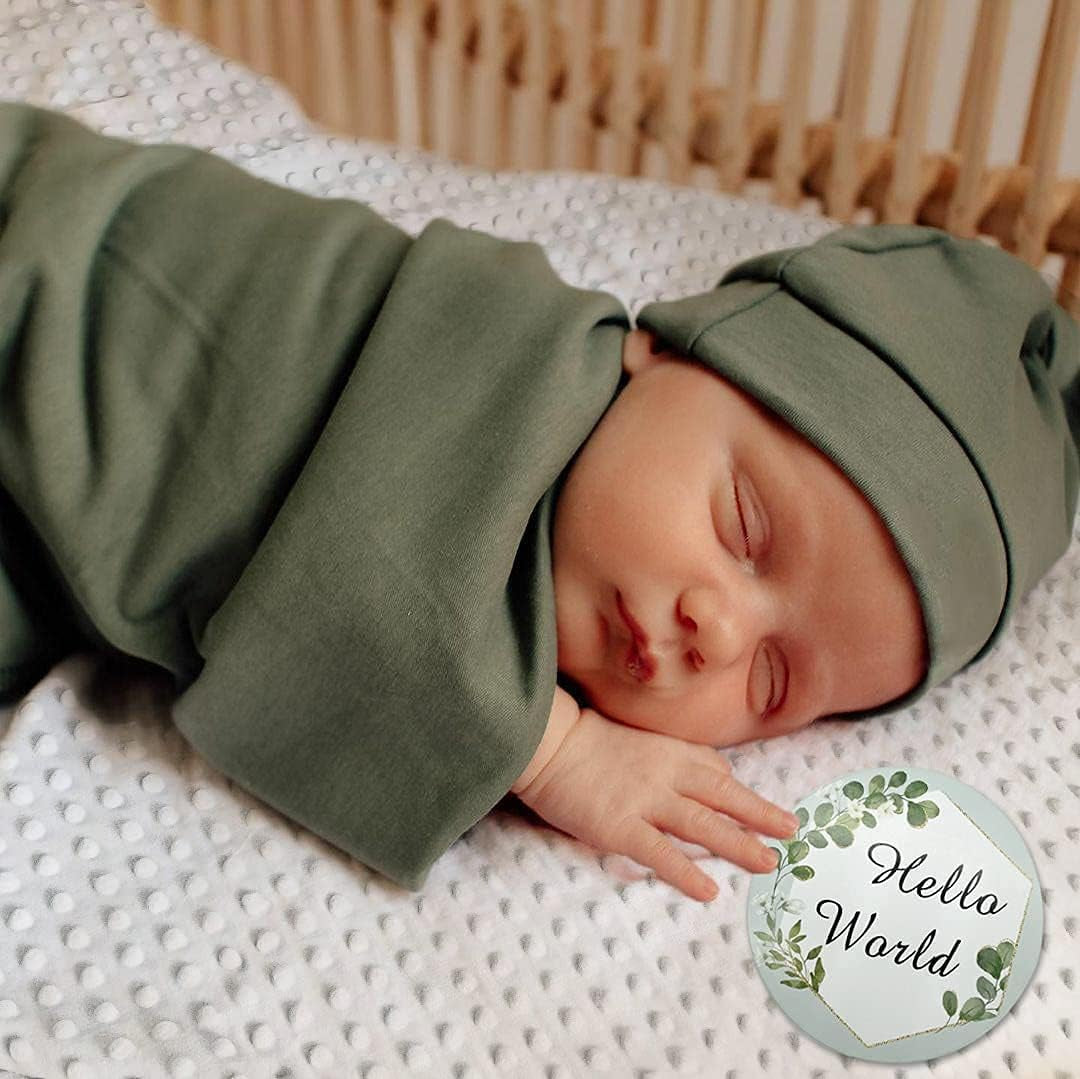 Swaddle Blanket and Hat Set Newborn Swaddle Wrap Baby Receiving Blanket for Baby Boys Girls(Olive)