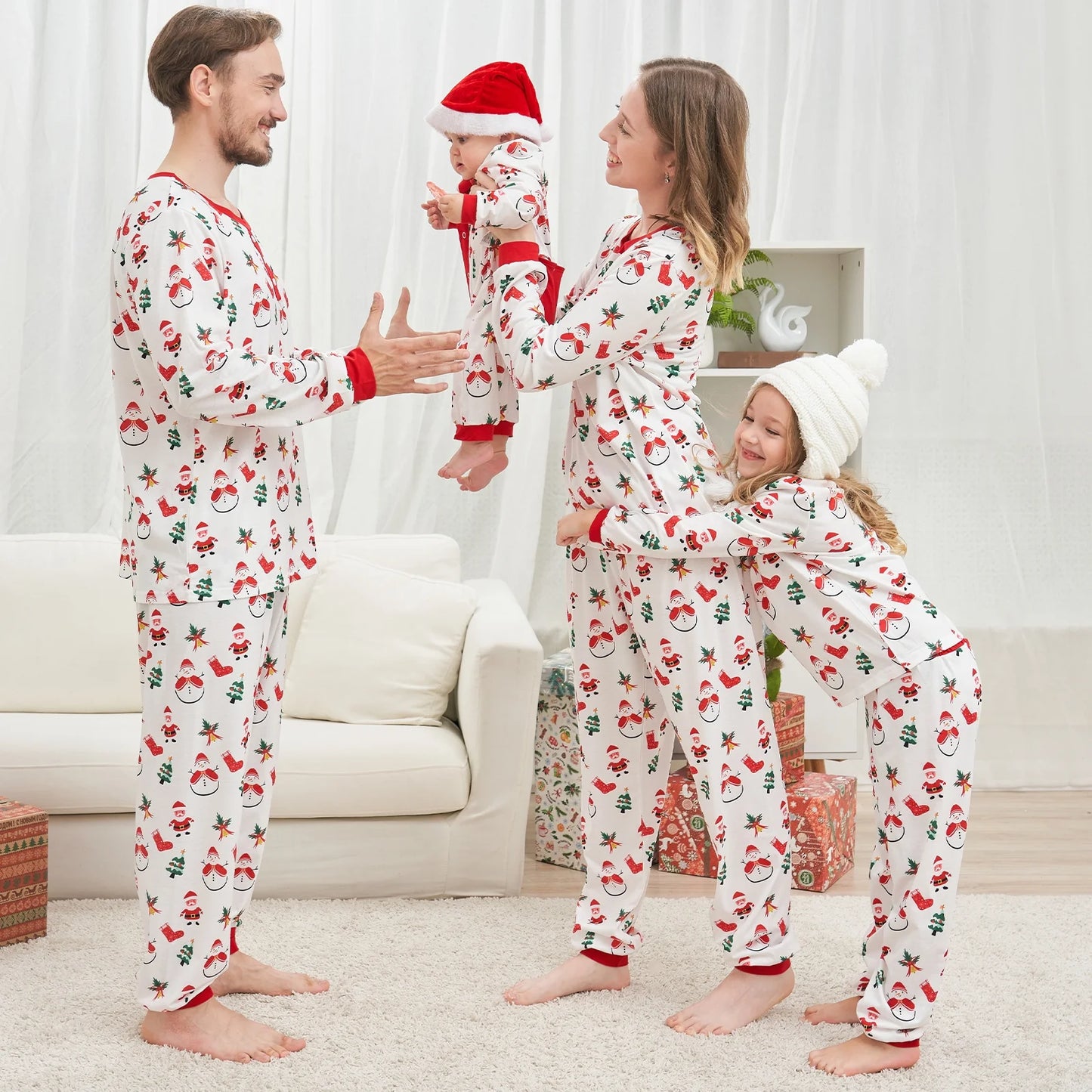 Family Matching Sets Christmas Pajamas Dad Mom Kids Baby Xmas Snowman and Santa Claus Print Long Sleeve Home Wear