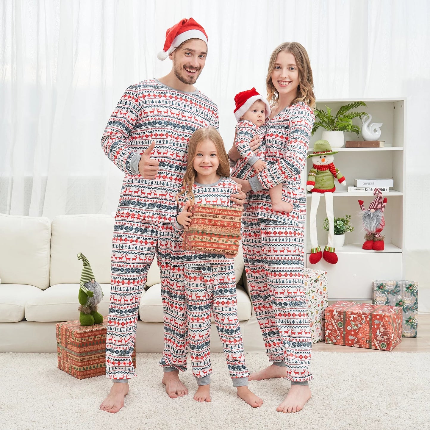 Family Matching Christmas Deer Printing Family Fitted Cotton Soft Two-Piece Pajamas Sets Outfits, Unisex