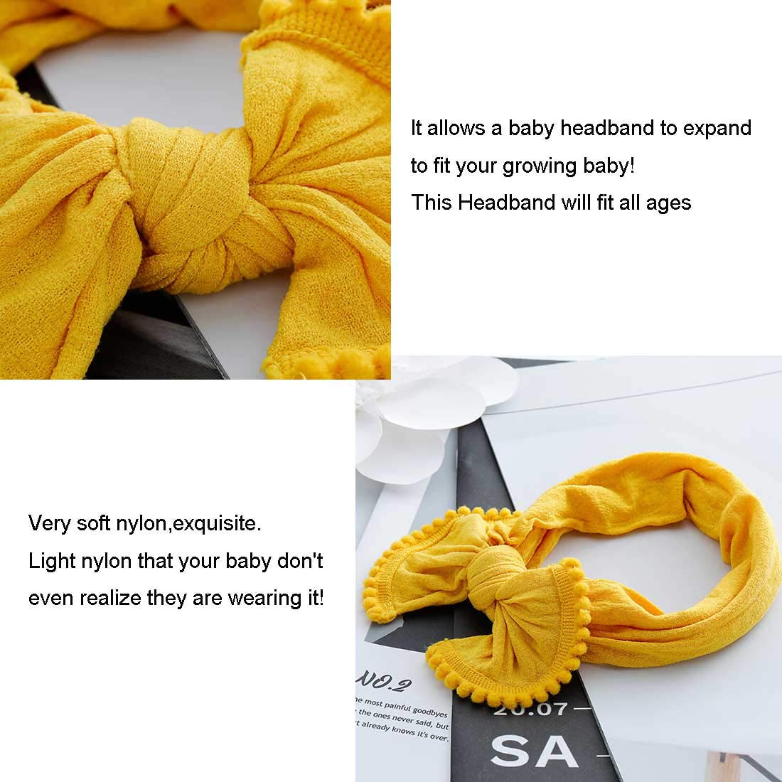 Baby Hair Bow Headband Infant Toddler Bow Stretchy Knot Nylon Baby Headbands Baby Accessories (Yellow)