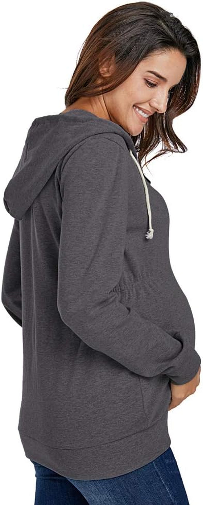 Maternity Zip up Hoodie Long Sleeve Cinched-Waist Sweatshirt Maternity Jackets for Women(Charcoal,L)