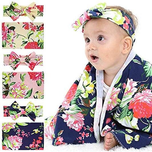 3 Pack Baby Swaddle Blanket with Headbands Set, Floral Newborn Receiving Blanket for Baby Boy Girls Wrap Registry Search Shower Gifts (3 Pack -Model F)