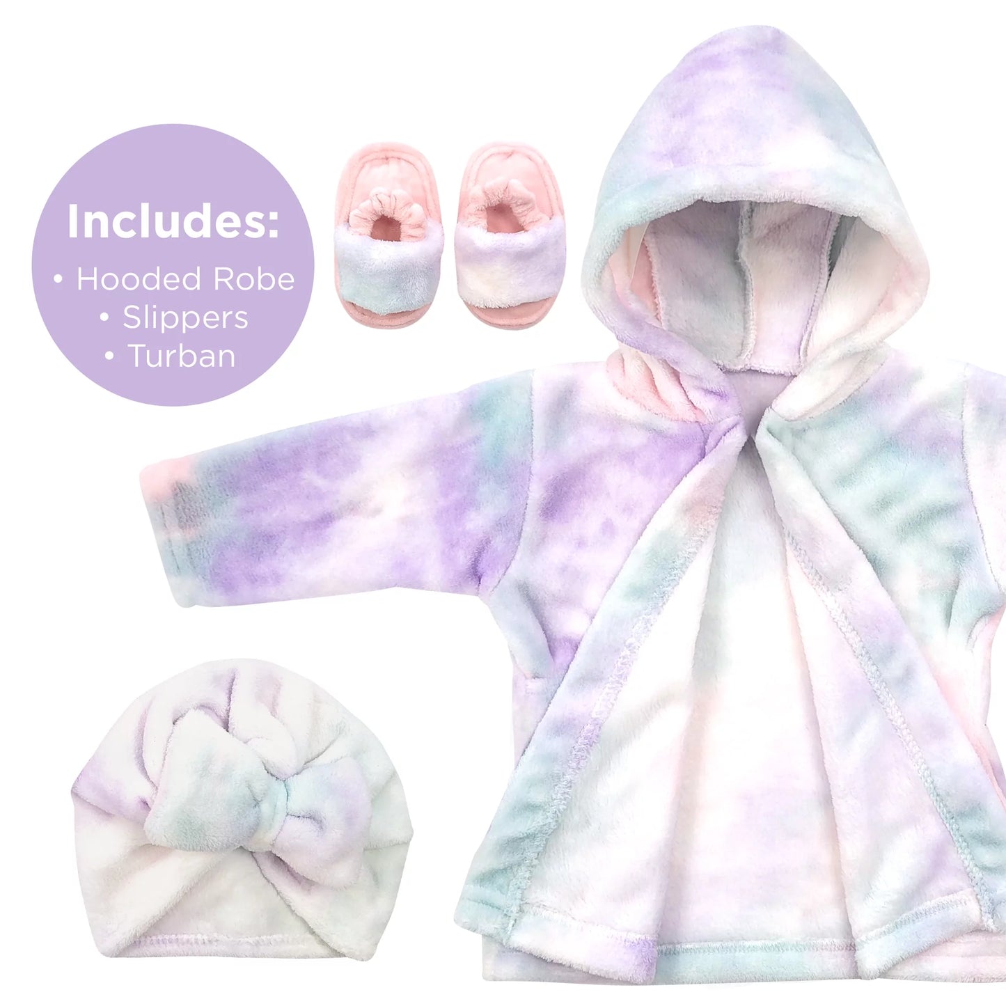 Baby Robe - Soft Plush Bath Towel Robe Spa Set - Baby Bathrobe Towel & Slippers for Boys + Turban for Girls Robe Set (Tie Dye, 12-24 Months)