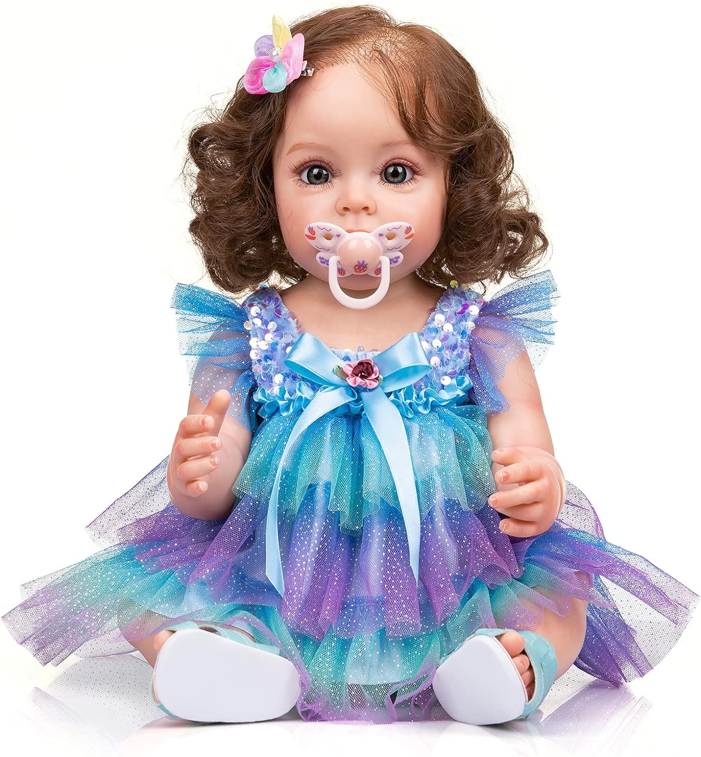 Reborn Realistic Baby Dolls Silicone Full Body 22 Inch Newborn Girl Doll Beautiful Reborn Toddler with Brown Hair Real Life Weighted Waterproof Doll Toys (Blue/Green)