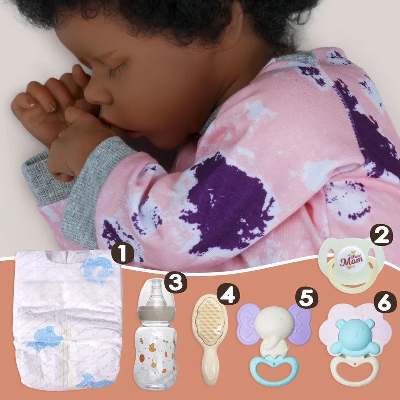 RSG 17-Inch Lifelike Reborn Baby Doll African American Soft Body and Curls, Realistic Newborn, with and Gift Box