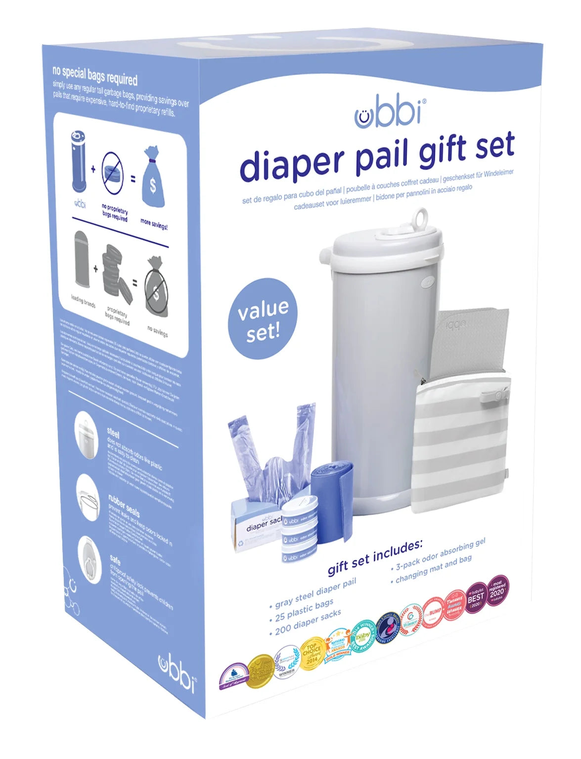 Diaper Changing Value Gift Set, Baby Registry Gift, Includes Gray Diaper Pail, Absorbing Gels, Travel Changing Mat & Bag, Diaper Pail Waste Bags and On-The-Go Waste Sacks