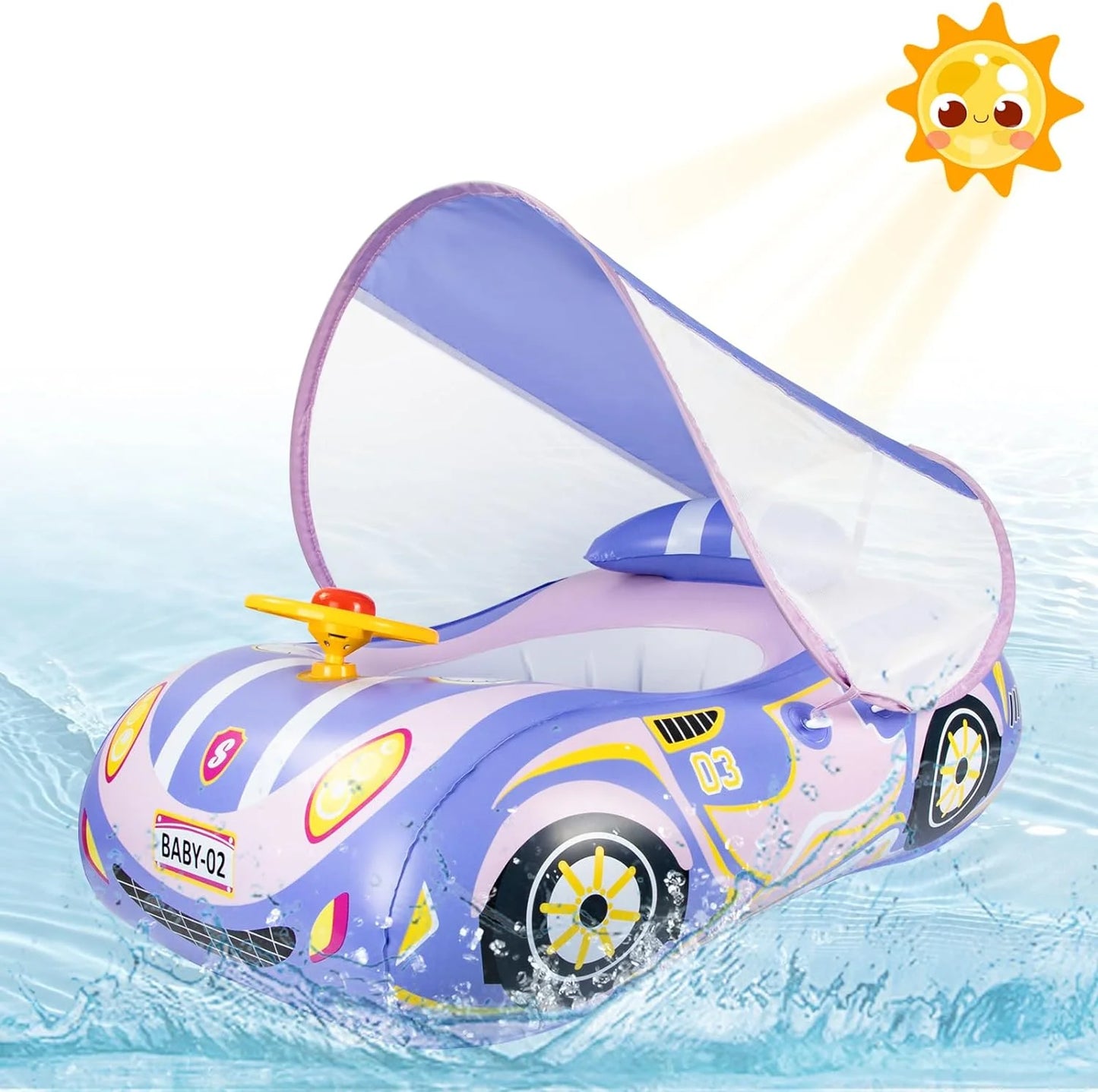 Baby Pool Float with Canopy UPF50+ Sun Protection, Heavy Duty PVC Baby Swim Float, Toddler Pool Float, Swimming Floats Seat Boat with Steering Wheel for 1-4 Years Purple