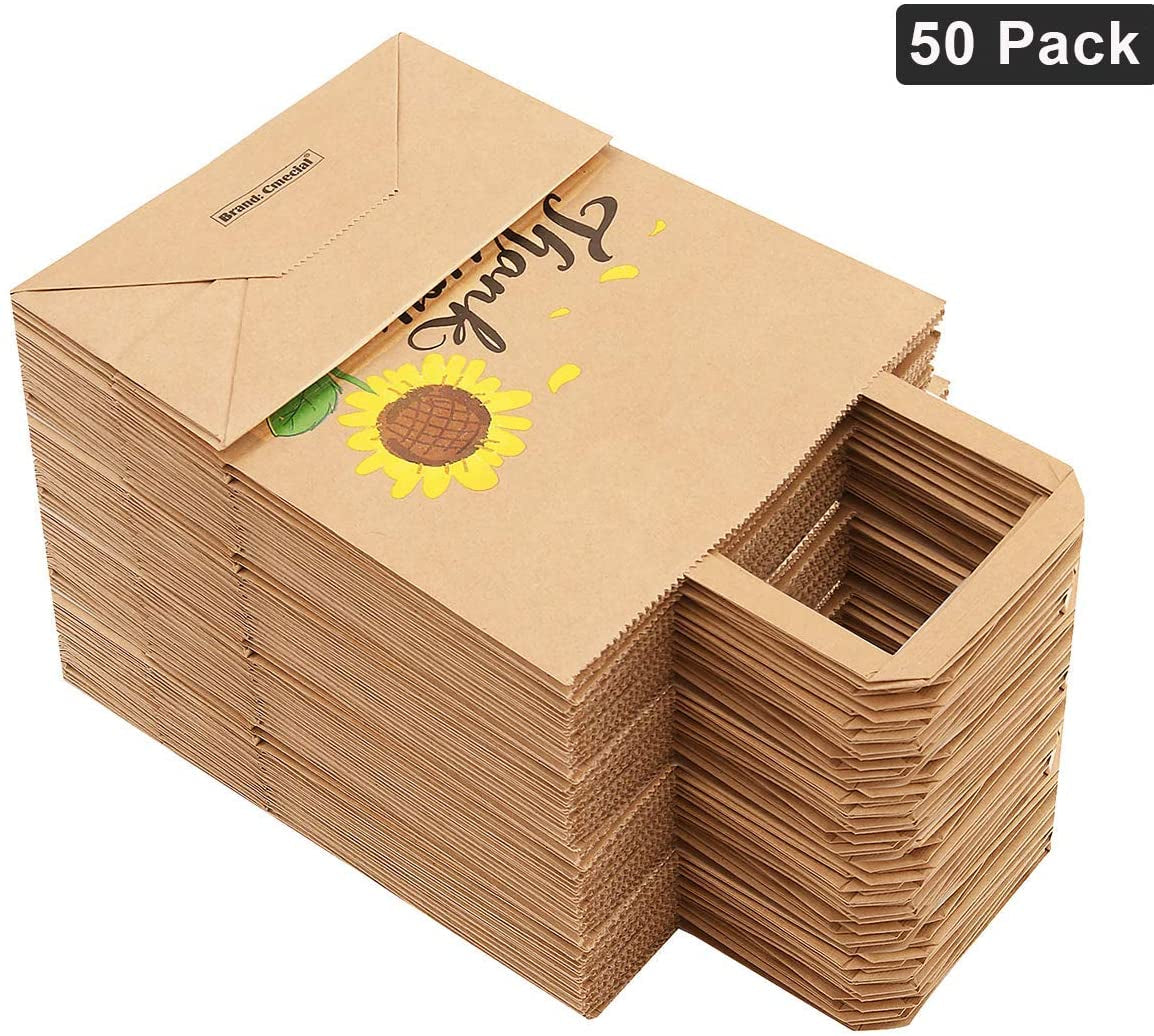 50Pcs 10X8X4.7 Thank You Gift Bags Bulk, Thank You Bags for Business Small, Sunflower Paper Gift Bags with Handles Bulk, Thank You Paper Bags with Handles Bulk, Small Gift Bags Retail Bags (B)