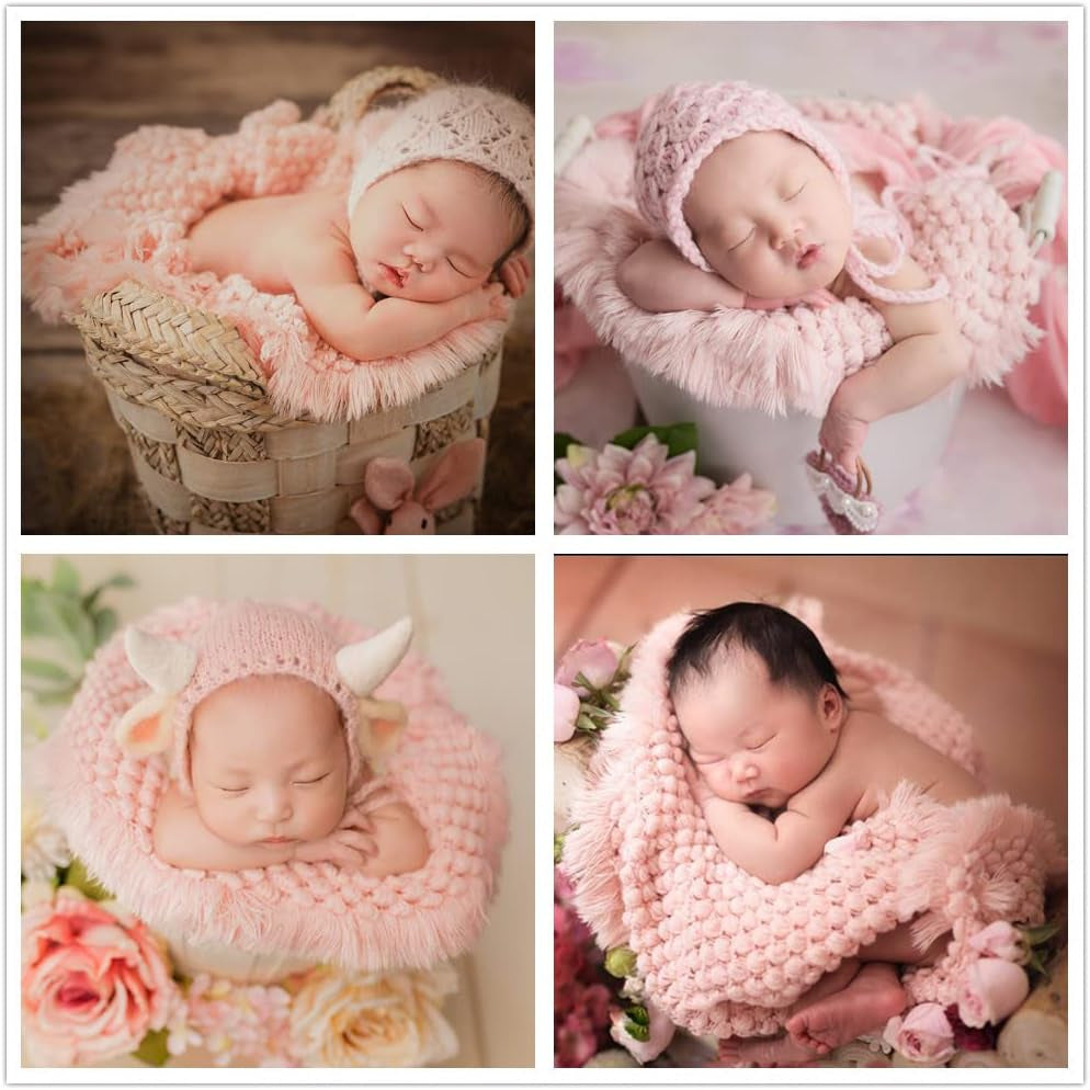 Baby Photography Props Basket Braid Wool Wrap Newborn Photo Shoot Baskets Filler Posing Stuffer Background Blanket (Pink)