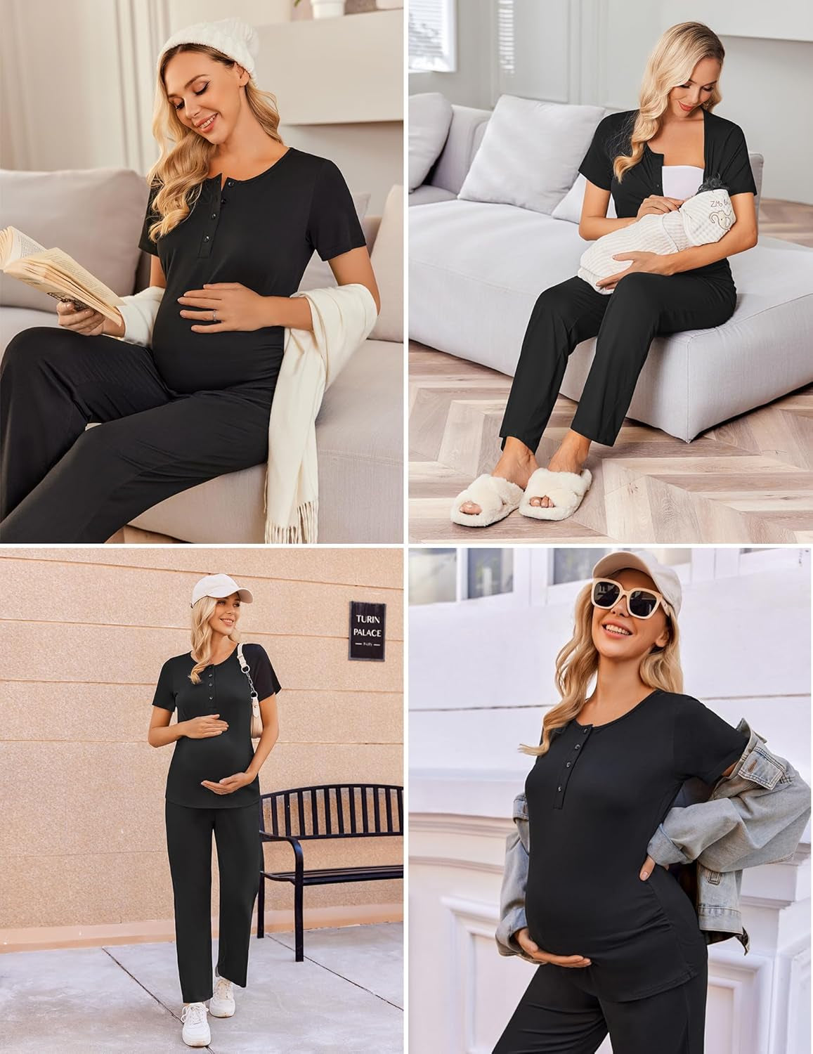 Women'S Maternity Nursing Pajamas Sets Breastfeeding Printed Sleepwear Short Sleeve 2 Pcs Henley Top and Pants Set