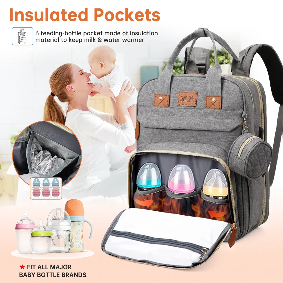 Diaper Bag Backpack, Multifunction Baby Diaper Bag with Changing Station, Large Capacity Waterproof Travel Backpack W/ Pacifier Case & USB Charging, Baby Stuff Organizer, Unisex Shower Gifts(Grey)