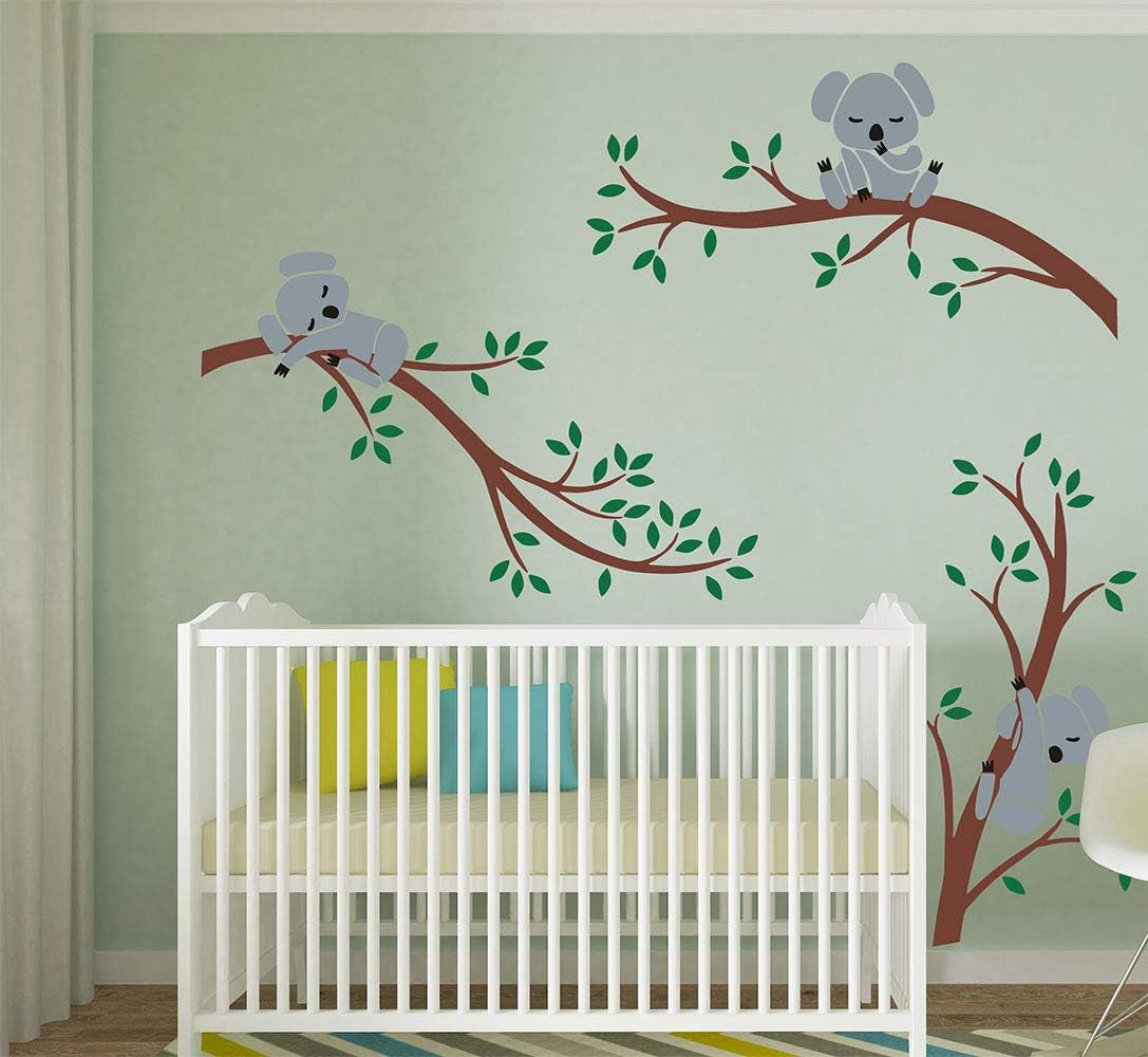 Three Koalas Tree Branches Wall Decal Wall Sticker Baby Nursery Decor Kids Room Decoration (Brown+Green)