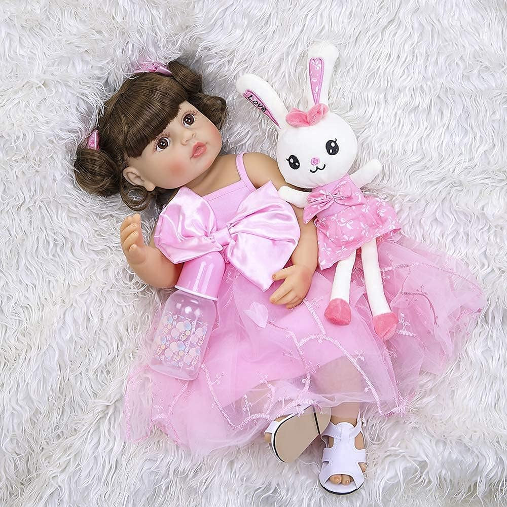 22 Inch Reborn Toddler Baby Dolls Reborn Baby Girls Blonde Hair Weighted Full Body Silicone Vinyl Reborn Baby Dolls Blue Eyes Pink Dress Accessories for Girls Birthday Gifts (22 Inch Pink B)