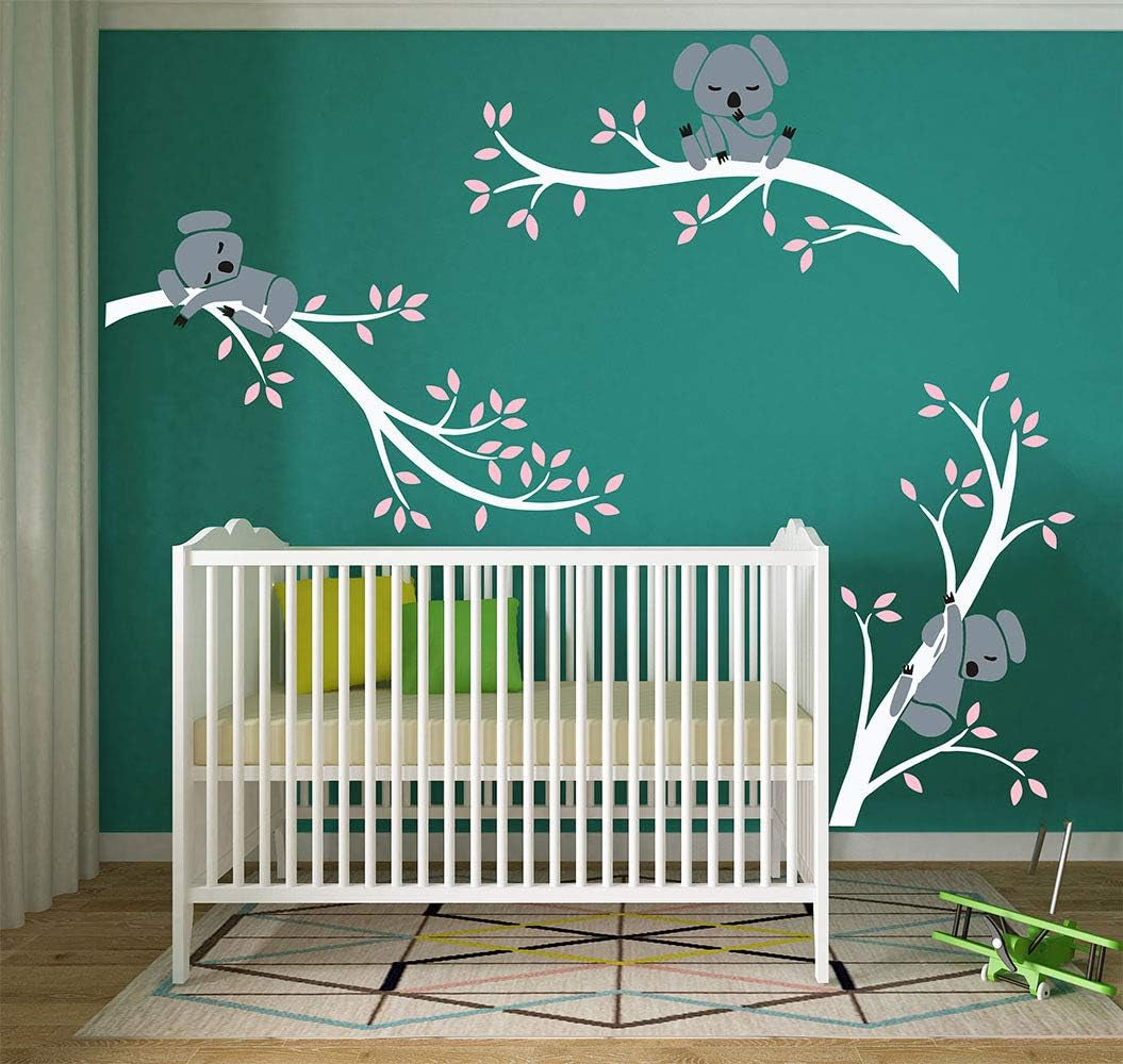 Three Koalas Tree Branches Wall Decal Wall Sticker Baby Nursery Decor Kids Room Decoration (White+Pink)