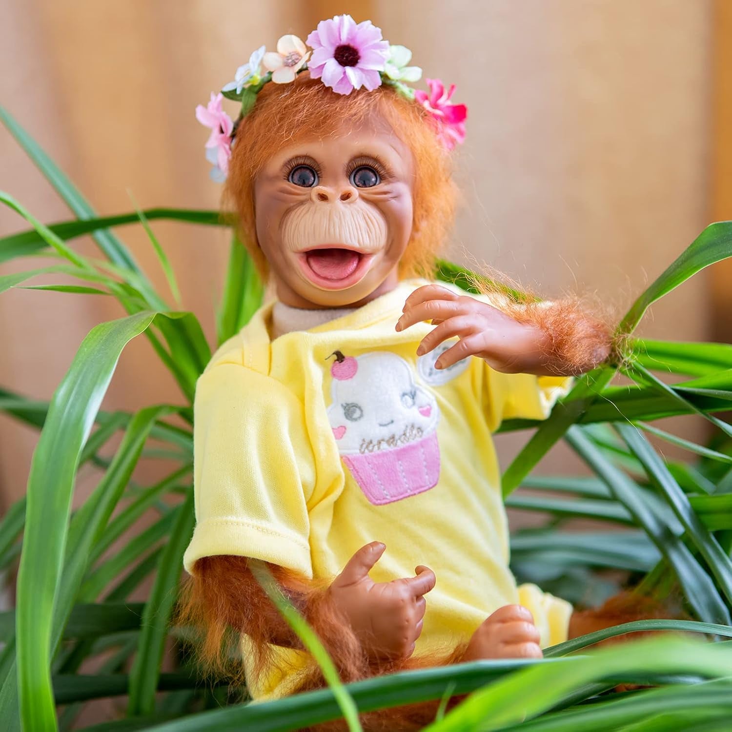 18Inch Realistic Reborn Monkey Dolls Soft Silicone Vinyl Weighted Body Real Hair Apes Nature Orangutan Babies Detailed Painting Premie Size Collectible Art (Open Mouth)