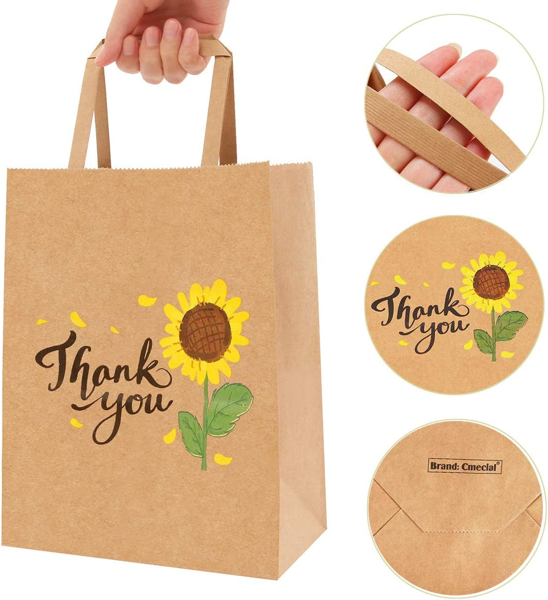 50Pcs 10X8X4.7 Thank You Gift Bags Bulk, Thank You Bags for Business Small, Sunflower Paper Gift Bags with Handles Bulk, Thank You Paper Bags with Handles Bulk, Small Gift Bags Retail Bags (B)