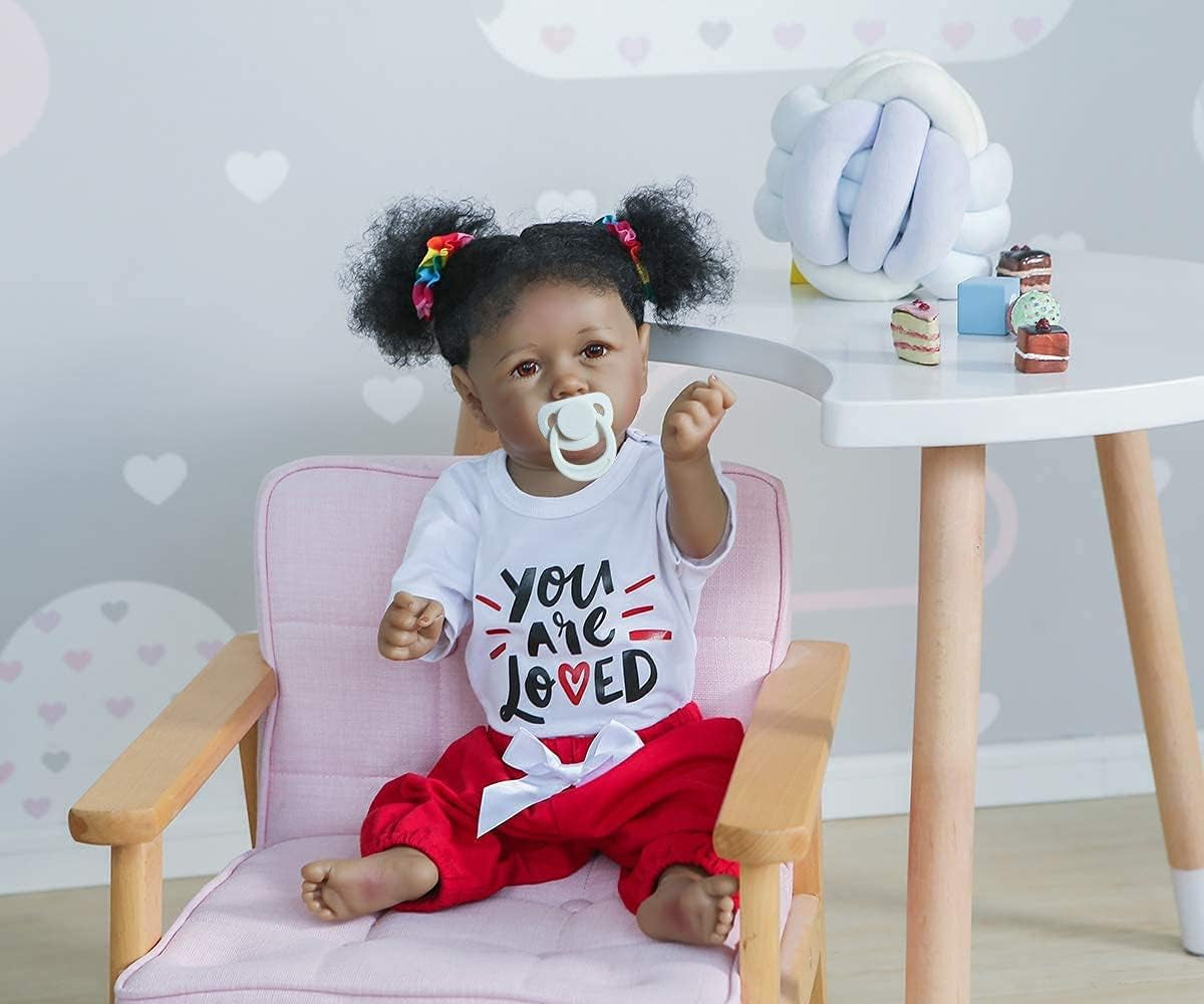 Realistic Reborn Baby Dolls Silicone Full Body Girl with Teeth, African American Black Skin Doll, Washable Reborn Newborn Biracial Bebe for Toddler Play House Toys