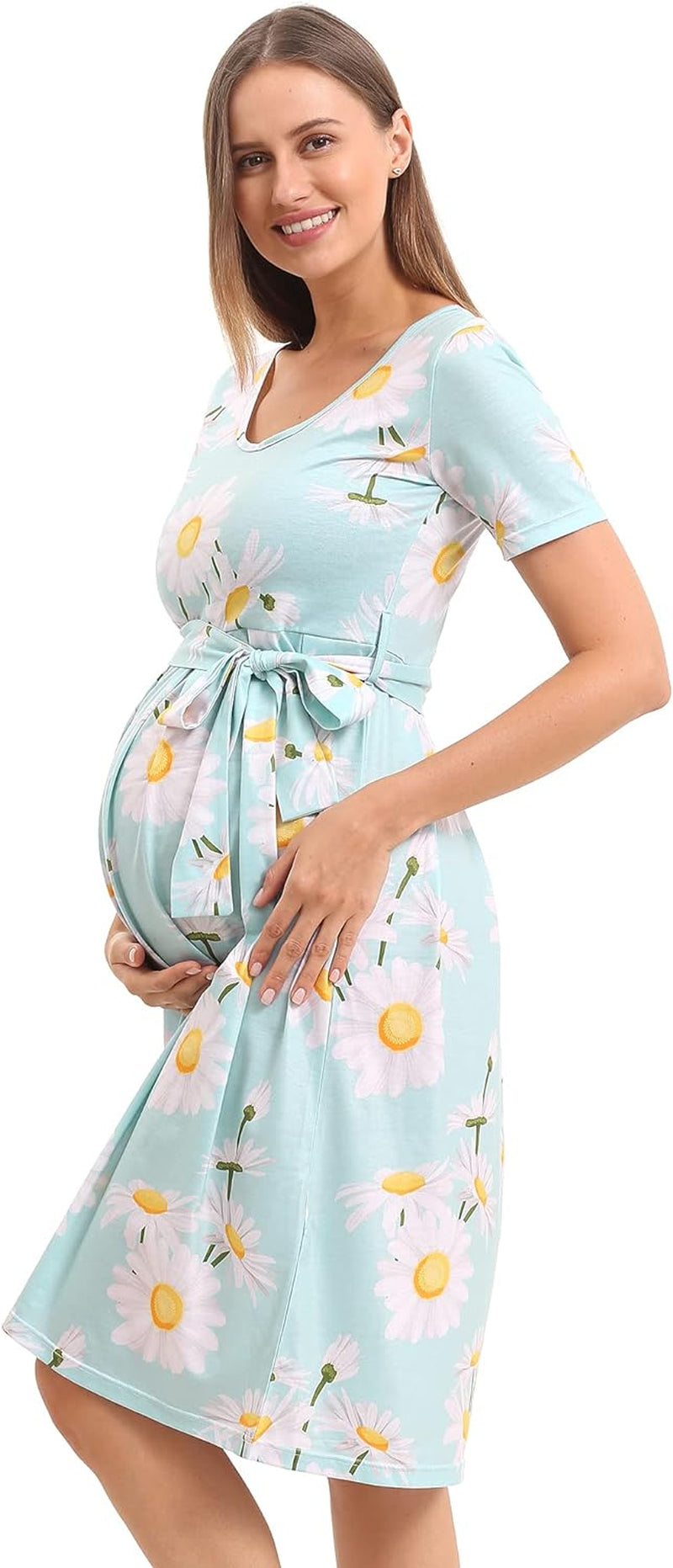 Women'S Maternity Dress Casual Maternity Swing Dress Pregnancy Clothes Knee Length with Belt