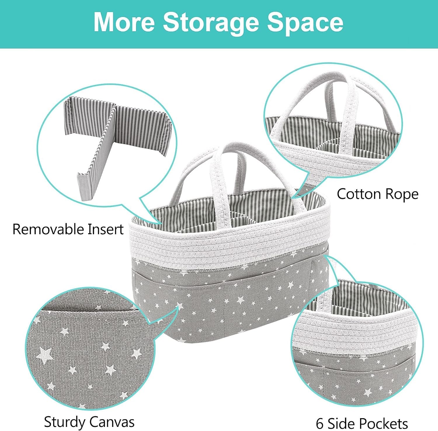 Cotton Rope Baby Diaper Caddy Organizer Nursery Storage Bin Stacker Basket for Newborn Girl & Boy Portable Changing Table Car with Divider for Wipes Diapers(Grey&White Star)