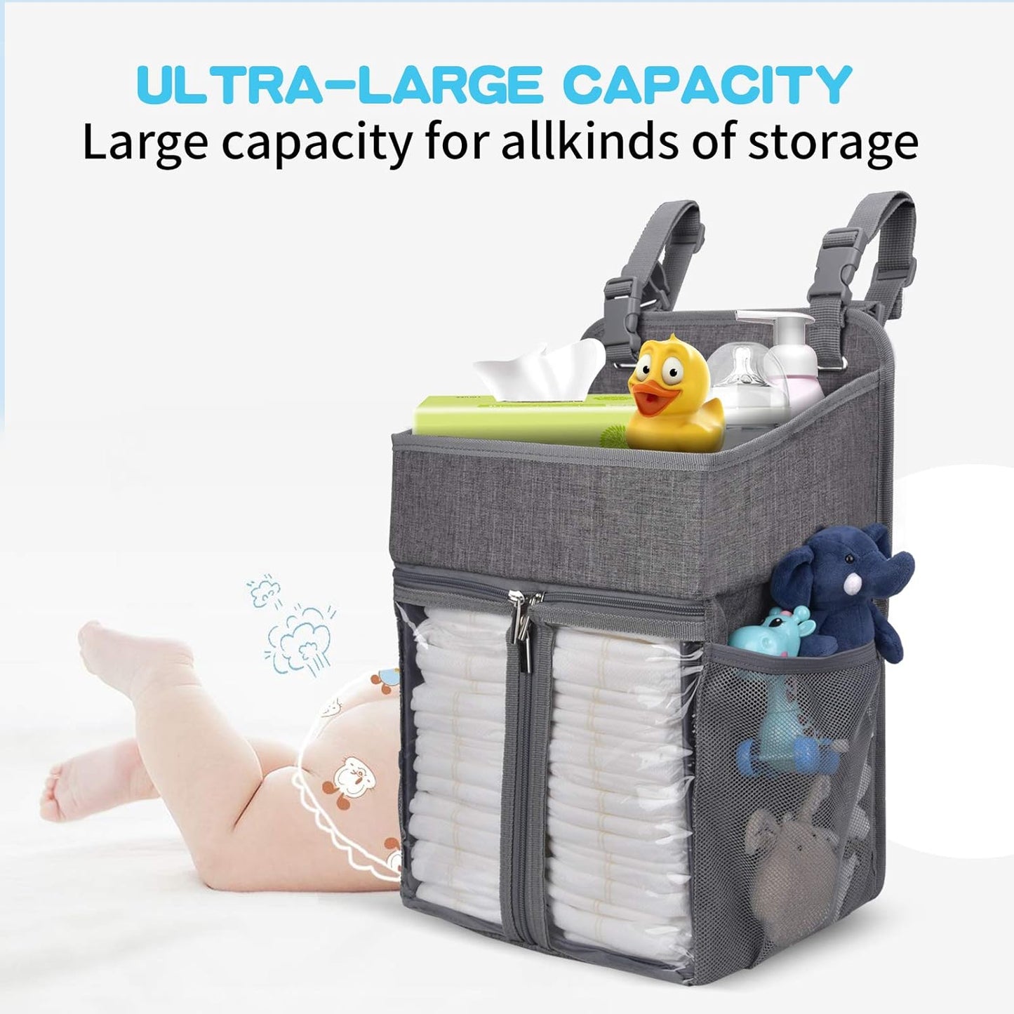 Hanging Diaper Organizer,Baby Diaper Organizer Is Suitable for Hanging on Diaper Table, Nursery, and All Cribs. Baby Supplies Storage Diaper Rack, Diaper Stacker.Gray