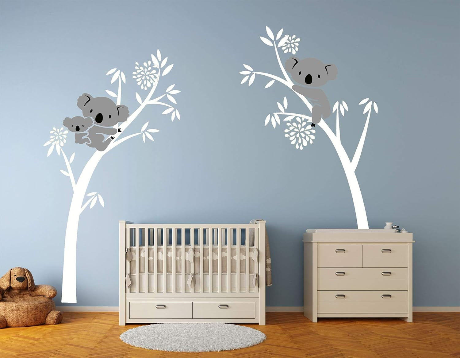 Three Koalas Tree Branches Wall Decal Wall Sticker Baby Nursery Decor Kids Room Decoration (White)