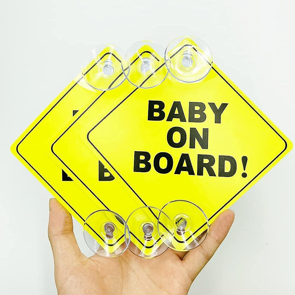 3PCS Baby on Board Signs with Suction Cups, 5"X5" Reusable Baby Safety Warning Decal for Car Windows (2 Suction Cups)