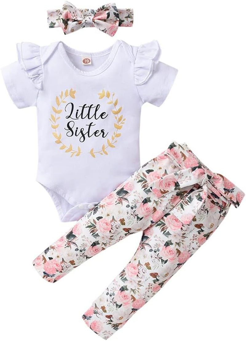 3PCS Baby Girl Clothes Infant Romper Short Sleeve Tops and Floral Pants Outfit Set with Headband White