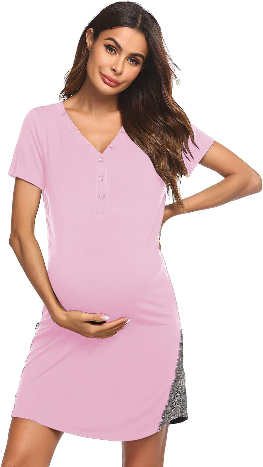 Nursing Maternity Nightgown Women V Neck Delivery Labor Breastfeeding Lace Trim Sleep Dress Pink Large