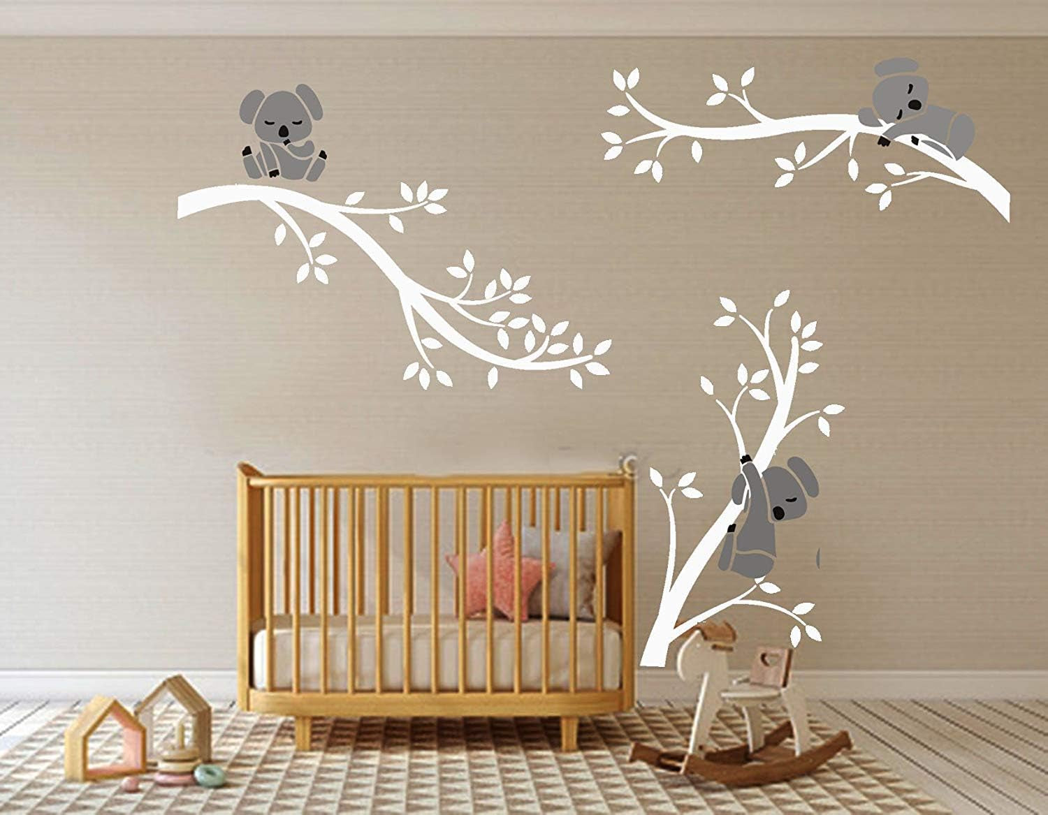 Three Koalas Tree Branches Wall Decal Wall Sticker Baby Nursery Decor Kids Room Decoration (White+Pink)